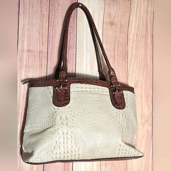 Etienne Aigner Leather Vintage Croc Embossed  Cream & Brown Tote Satchel 15x10" - Picture 3 of 15
